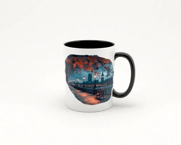 Taza de cerámica blanca con asa negra, decorada con una imagen de un paisaje otoñal en Londres, mostrando un camino iluminado por faroles y árboles con hojas de colores cálidos, con el Big Ben y el Palacio de Westminster al fondo.