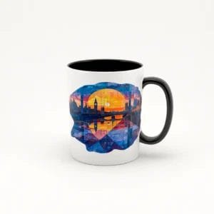 Taza de cerámica blanca con asa negra, decorada con una imagen de un atardecer en Londres al estilo art deco, mostrando el Big Ben y el Palacio de Westminster con colores cálidos y un efecto de vidrieras.