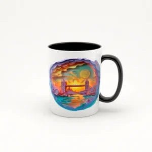 Taza de cerámica blanca con asa negra, decorada con una imagen de un atardecer en Londres al estilo paper cut, mostrando el Tower Bridge y el Palacio de Westminster con colores cálidos y un efecto tridimensional.