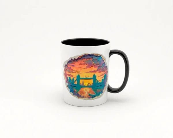 Taza de cerámica blanca con asa negra, decorada con una imagen de un atardecer en Londres al estilo paper cut, mostrando el Tower Bridge y otros íconos londinenses con colores cálidos y un efecto tridimensional.